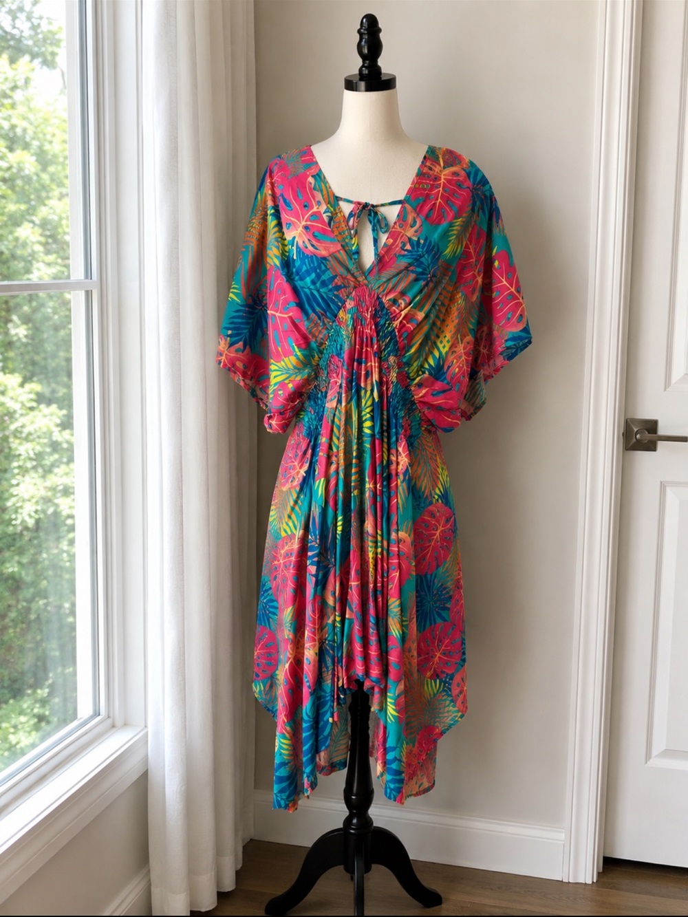 Women's Teal & Pink Tropical Midi Dress - Brand Unspecified